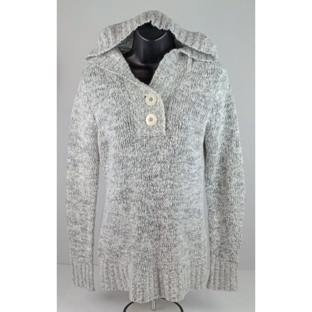 Rue 21 Women's Sz L Gray Marbled Hooded Long Sleeve Sweater White Swirl Buttons